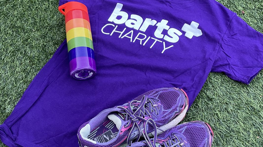 Barts charity T-shirt, running shoes and bottle
